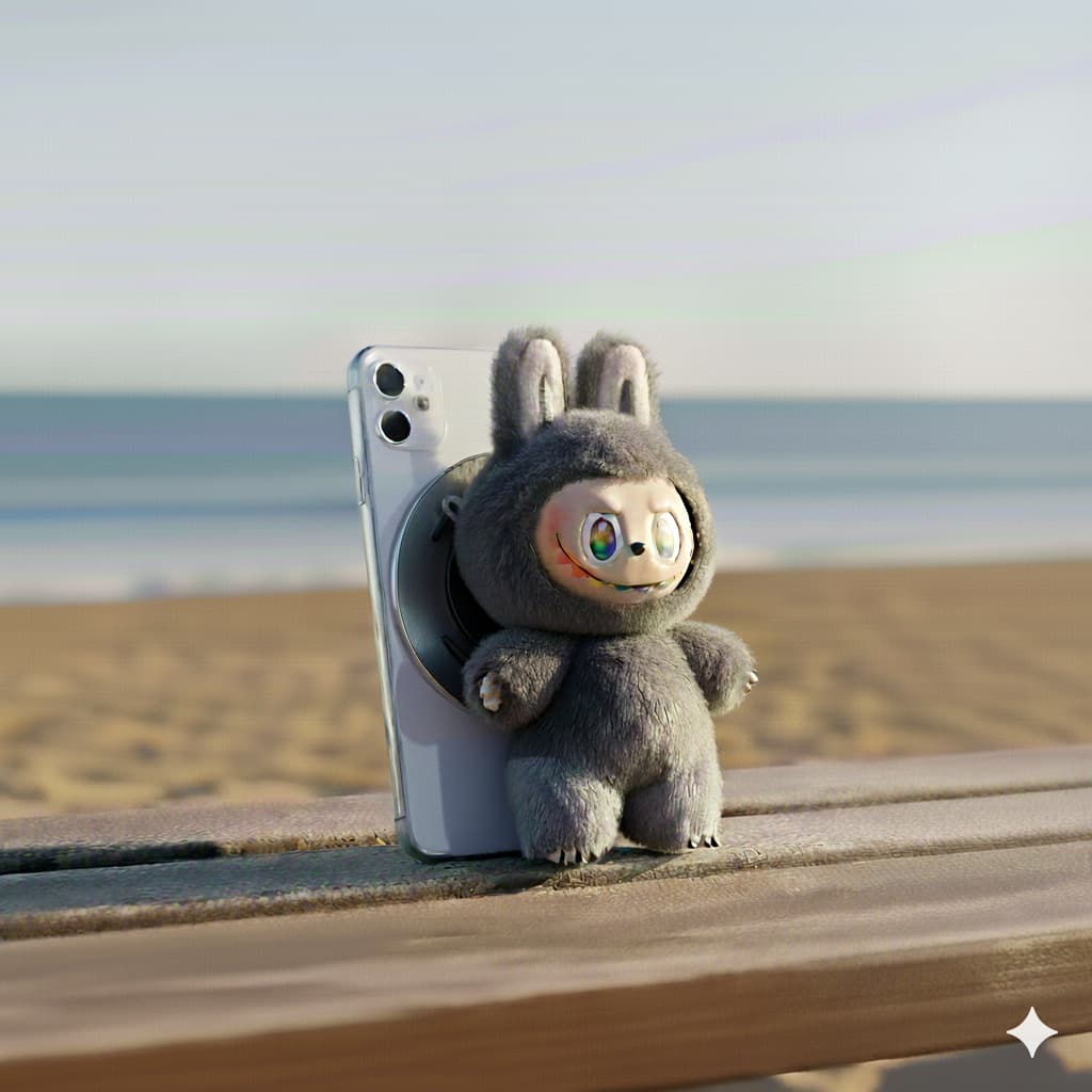 Labubu at the beach with SnapBoo